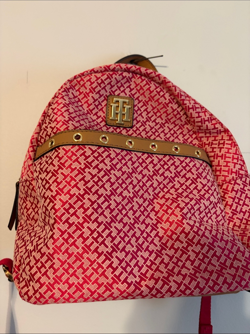 Tommy Hilfiger Red and White Monogram Backpack with Tan Trim.